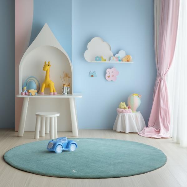Chambre d'enfant lumineuse avec un tapis rond bleu clair, des murs pastel en rose et bleu clair.